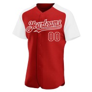 Maglia da baseball autentica con maniche raglan personalizzata, bianca e rossa Maglia da baseball autentica con maniche raglan personalizzata, bianca e rossa