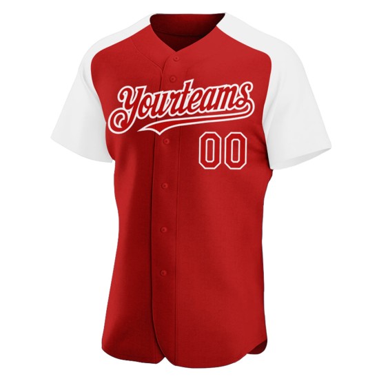 Maglia da baseball autentica con maniche raglan personalizzata, bianca e rossa Maglia da baseball autentica con maniche raglan personalizzata, bianca e rossa