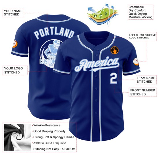 Maglia da baseball autentica personalizzata, bianca e blu royal Maglia da baseball autentica personalizzata, bianca e blu royal