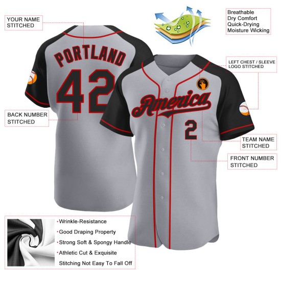 Maglia da baseball autentica, grigia, raglan, nera e rossa, maniche personalizzate Maglia da baseball autentica, grigia, raglan, nera e rossa, maniche personalizzate