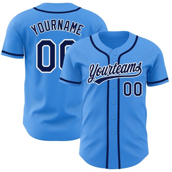 Maglia da baseball autentica personalizzata blu navy-bianca elettrica Maglia da baseball autentica personalizzata blu navy-bianca elettrica