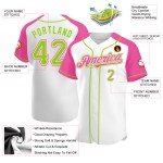 Maglia da baseball verde-rosa con maniche personalizzate, bianca, neon, raglan autentico Maglia da baseball verde-rosa con maniche personalizzate, bianca, neon, raglan autentico