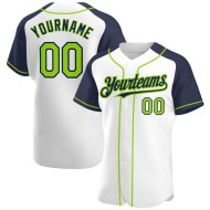 Maglia da baseball autentica, personalizzata, con maniche neon, colore verde-blu, raglan bianco