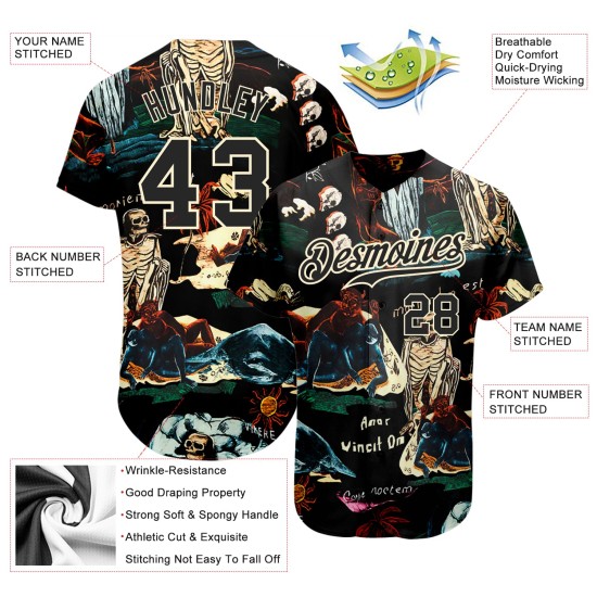 Maglia da baseball personalizzata con teschio 3D, motivo tropicale, in crema e autentica pianta. Maglia da baseball personalizzata con teschio 3D, motivo tropicale, in crema e autentica pianta.