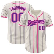 Maglia da baseball color crema autentica personalizzata, a righe viola rosa