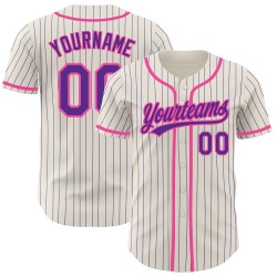Maglia da baseball color crema autentica personalizzata, a righe viola rosa