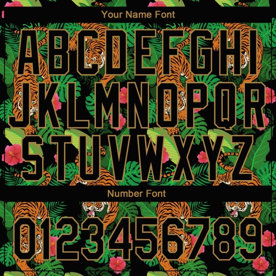 Maglia da baseball Hawaii Tiger nera con motivo 3D tropicale, design autentico e oro antico personalizzato Maglia da baseball Hawaii Tiger nera con motivo 3D tropicale, design autentico e oro antico personalizzato
