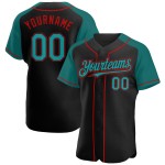 Maglia da baseball autentica, manica personalizzata, nera, con colletto raglan rosso-verde acqua Maglia da baseball autentica, manica personalizzata, nera, con colletto raglan rosso-verde acqua