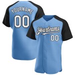 Maglia da baseball autentica con maniche raglan blu leggera personalizzata bianco-nero Maglia da baseball autentica con maniche raglan blu leggera personalizzata bianco-nero