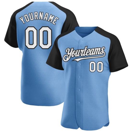 Maglia da baseball autentica con maniche raglan blu leggera personalizzata bianco-nero Maglia da baseball autentica con maniche raglan blu leggera personalizzata bianco-nero