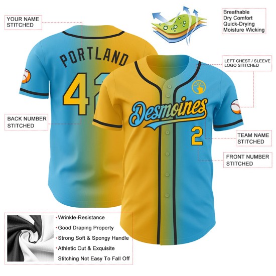 Maglia da baseball Sky Blue Fashion personalizzata, sfumatura oro-nero, autentica Maglia da baseball Sky Blue Fashion personalizzata, sfumatura oro-nero, autentica
