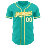 Maglia da baseball personalizzata Aqua autentica, bianca e gialla Maglia da baseball personalizzata Aqua autentica, bianca e gialla