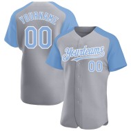 Maglia da baseball personalizzata autentica grigia con maniche raglan, blu-bianca, leggera