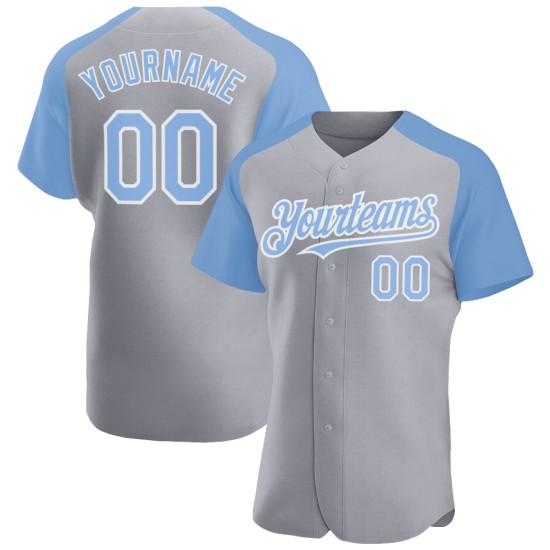 Maglia da baseball personalizzata autentica grigia con maniche raglan, blu-bianca, leggera Maglia da baseball personalizzata autentica grigia con maniche raglan, blu-bianca, leggera