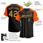 Maglia da baseball Raglan oro-arancio autentica personalizzata con maniche vecchie nere Maglia da baseball Raglan oro-arancio autentica personalizzata con maniche vecchie nere