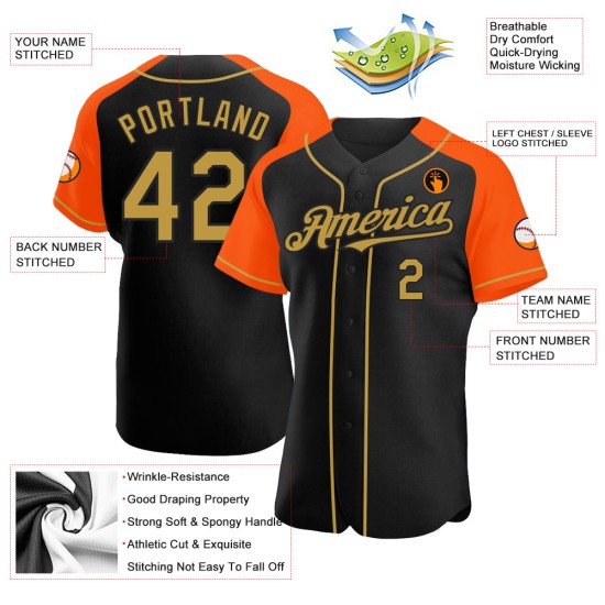 Maglia da baseball Raglan oro-arancio autentica personalizzata con maniche vecchie nere Maglia da baseball Raglan oro-arancio autentica personalizzata con maniche vecchie nere