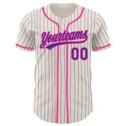Maglia da baseball color crema autentica personalizzata, a righe viola rosa Maglia da baseball color crema autentica personalizzata, a righe viola rosa
