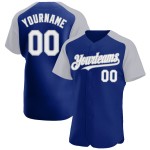Maglia da baseball Raglan Royal personalizzata con maniche bianche e grigie, autentica Maglia da baseball Raglan Royal personalizzata con maniche bianche e grigie, autentica