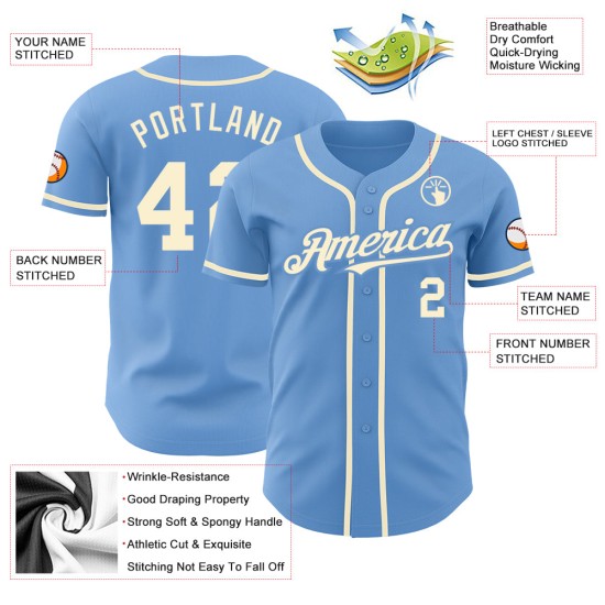 Maglia da baseball personalizzata, blu crema, autentica Maglia da baseball personalizzata, blu crema, autentica