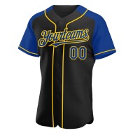 Maglia da baseball con maniche raglan blu royal e giallo personalizzata, autentica, nera Maglia da baseball con maniche raglan blu royal e giallo personalizzata, autentica, nera