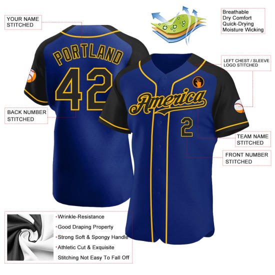 Maglia da baseball Raglan personalizzata con maniche autentiche nere e oro reali Maglia da baseball Raglan personalizzata con maniche autentiche nere e oro reali