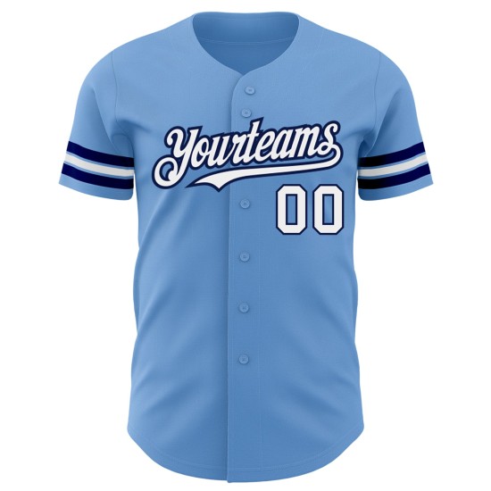 Maglia da baseball personalizzata blu chiaro bianca-blu navy autentica Maglia da baseball personalizzata blu chiaro bianca-blu navy autentica