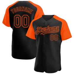 Maglia da baseball Raglan con maniche arancioni, autentica e personalizzata, nera