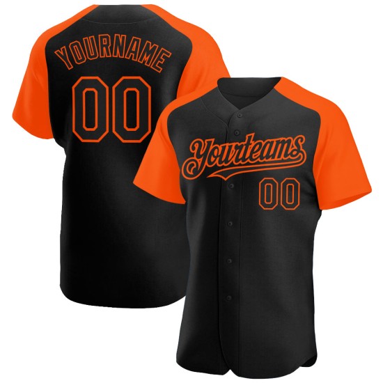 Maglia da baseball Raglan con maniche arancioni, autentica e personalizzata, nera Maglia da baseball Raglan con maniche arancioni, autentica e personalizzata, nera