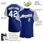Maglia da baseball Raglan Royal personalizzata con maniche bianche e grigie, autentica Maglia da baseball Raglan Royal personalizzata con maniche bianche e grigie, autentica