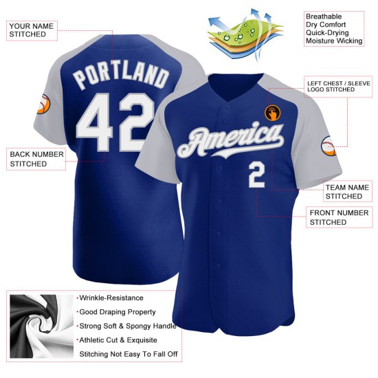 Maglia da baseball Raglan Royal personalizzata con maniche bianche e grigie, autentica Maglia da baseball Raglan Royal personalizzata con maniche bianche e grigie, autentica