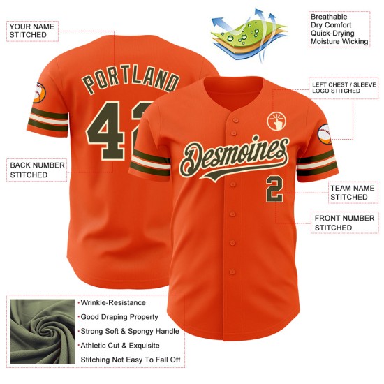 Maglia da baseball autentica color oliva-crema, arancione personalizzata Maglia da baseball autentica color oliva-crema, arancione personalizzata