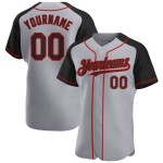 Maglia da baseball autentica, grigia, raglan, nera e rossa, maniche personalizzate Maglia da baseball autentica, grigia, raglan, nera e rossa, maniche personalizzate