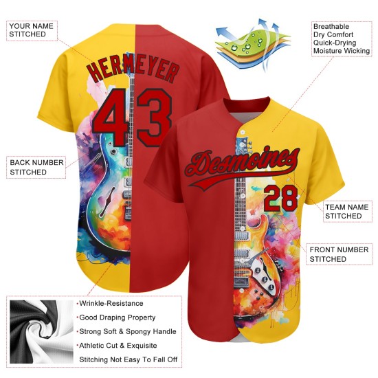Maglia da baseball personalizzata, chitarra musicale rossa e nera, acquerello autentico, modello di design 3D giallo festival Maglia da baseball personalizzata, chitarra musicale rossa e nera, acquerello autentico, modello di design 3D giallo festival