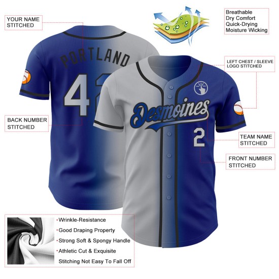 Maglia da baseball autentica personalizzata grigio reale sfumato-nero Maglia da baseball autentica personalizzata grigio reale sfumato-nero