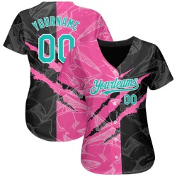 Maglia da baseball personalizzata autentica con motivo graffiato 3D, graffiti, nero-rosa acquamarina