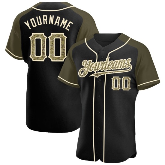 Maglia da baseball personalizzata autentica mimetica raglan con maniche nere, colore oliva-crema Maglia da baseball personalizzata autentica mimetica raglan con maniche nere, colore oliva-crema