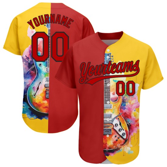 Maglia da baseball personalizzata, chitarra musicale rossa e nera, acquerello autentico, modello di design 3D giallo festival Maglia da baseball personalizzata, chitarra musicale rossa e nera, acquerello autentico, modello di design 3D giallo festival