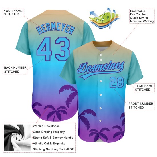 Maglia da baseball con motivo a alberi 3D, autentica, personalizzata, blu e viola, con palme hawaiane Maglia da baseball con motivo a alberi 3D, autentica, personalizzata, blu e viola, con palme hawaiane