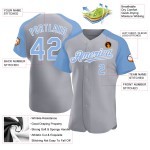 Maglia da baseball personalizzata autentica grigia con maniche raglan, blu-bianca, leggera Maglia da baseball personalizzata autentica grigia con maniche raglan, blu-bianca, leggera