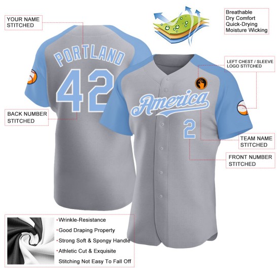 Maglia da baseball personalizzata autentica grigia con maniche raglan, blu-bianca, leggera Maglia da baseball personalizzata autentica grigia con maniche raglan, blu-bianca, leggera