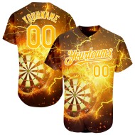 Maglia da baseball Flame Board Gold-White Dart 3D personalizzata con design autentico Black Lightning