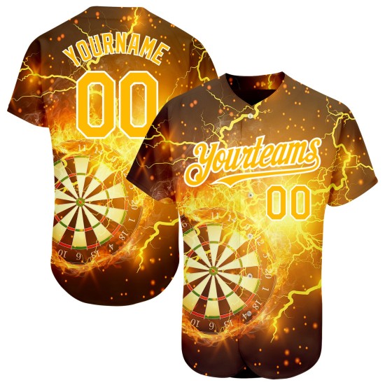 Maglia da baseball Flame Board Gold-White Dart 3D personalizzata con design autentico Black Lightning Maglia da baseball Flame Board Gold-White Dart 3D personalizzata con design autentico Black Lightning