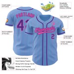 Maglia da baseball viola a righe blu chiaro personalizzata rosa autentica Maglia da baseball viola a righe blu chiaro personalizzata rosa autentica