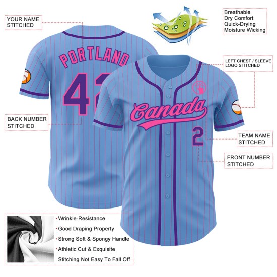 Maglia da baseball viola a righe blu chiaro personalizzata rosa autentica Maglia da baseball viola a righe blu chiaro personalizzata rosa autentica