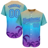Maglia da baseball con motivo a alberi 3D, autentica, personalizzata, blu e viola, con palme hawaiane