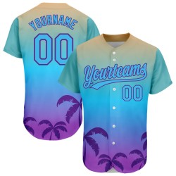 Maglia da baseball con motivo a alberi 3D, autentica, personalizzata, blu e viola, con palme hawaiane