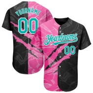 Maglia da baseball personalizzata autentica con motivo graffiato 3D, graffiti, nero-rosa acquamarina