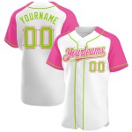 Maglia da baseball verde-rosa con maniche personalizzate, bianca, neon, raglan autentico Maglia da baseball verde-rosa con maniche personalizzate, bianca, neon, raglan autentico