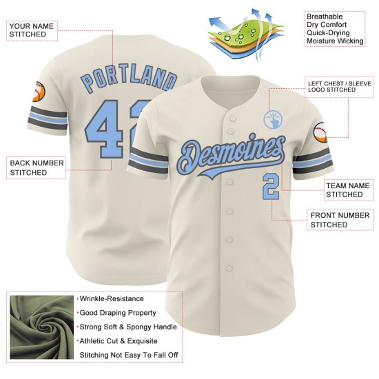 Maglia da baseball blu-grigio acciaio personalizzata autentica e leggera in crema Maglia da baseball blu-grigio acciaio personalizzata autentica e leggera in crema