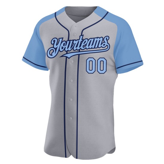 Maglia da baseball Raglan, grigio chiaro, personalizzata, autentica, maniche blu navy Maglia da baseball Raglan, grigio chiaro, personalizzata, autentica, maniche blu navy